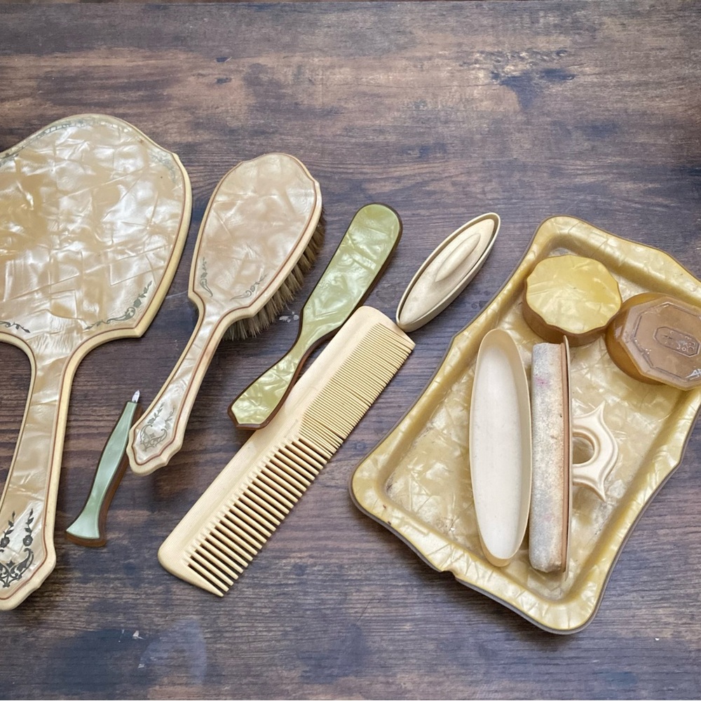 vintage 1940s Art Deco pearlized gold celluloid and Bakelite vanity/dresser set